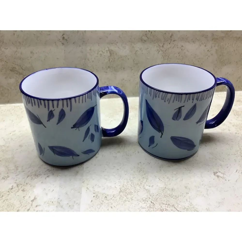 Blue and White Pottery Mug/ Hand Painted Set of 2 - Blue Floral & Leaves Mugs